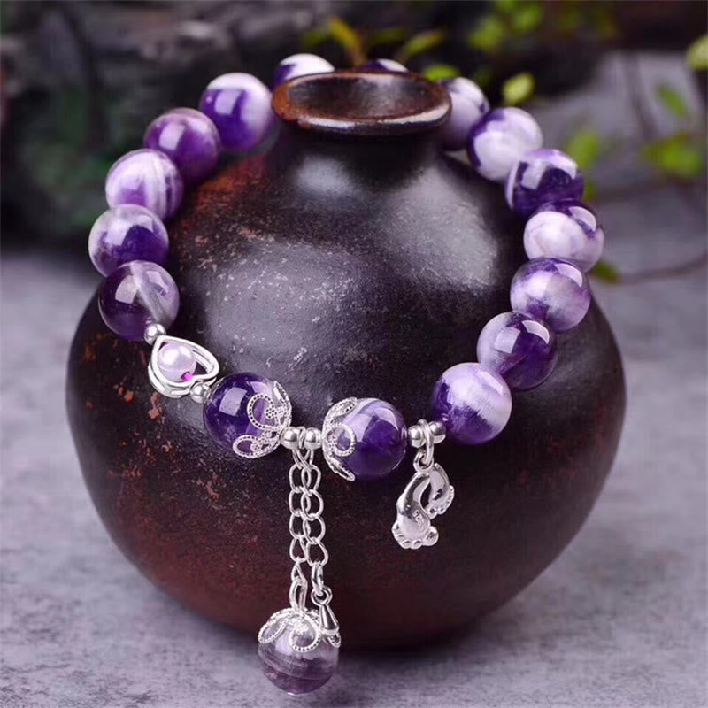 Fortune Jewel 925 Sterling Silver Natural Amethyst Healing Feet Love Heart Charm Bracelet
