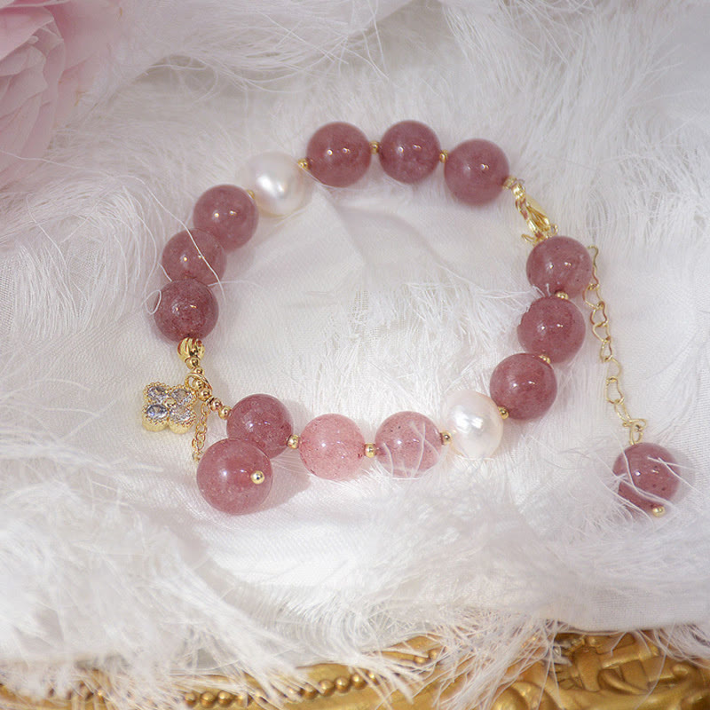 Fortune Jewel Natural Strawberry Quartz Pearl Four Leaf Clover Love Bracelet
