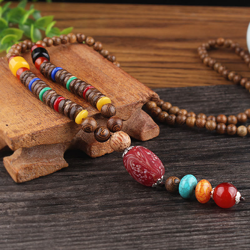 Fortune Jewel Tibetan Wenge Wood Bodhi Seed Agate Balance Peace Necklace Pendant