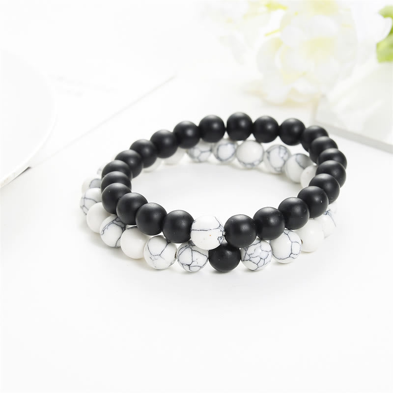 Fortune Jewel 2pcs Natural Frosted Stone White Turquoise Bead Couple Bracelet