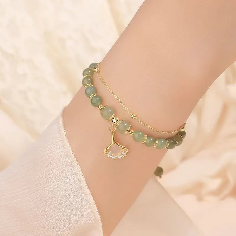 Fortune Jewel Jade Leaf Ginkgo Tulip Peanut Fu Character Luck Beaded Bracelet