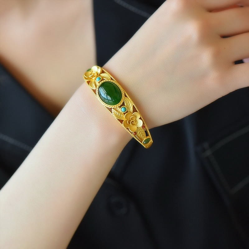 Fortune Jewel Cyan Jade White Jade Flower Leaf Harmony Luck Bracelet Bangle