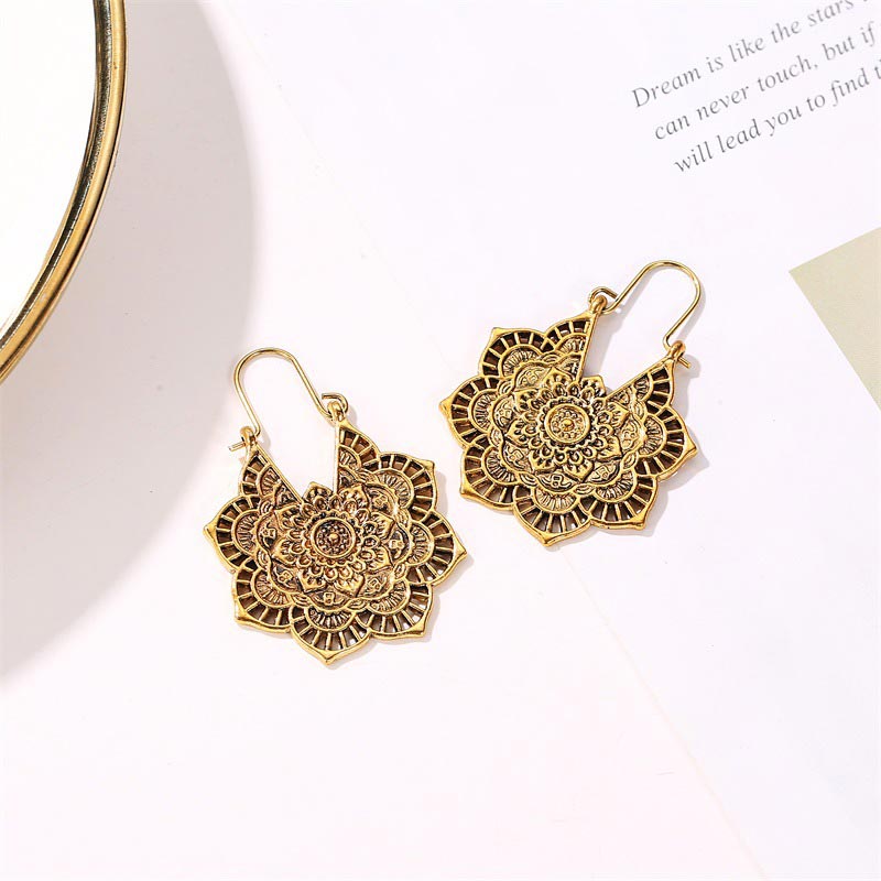 Fortune Jewel Tibetan Lotus Engraving Copper Blessing Drop Earrings