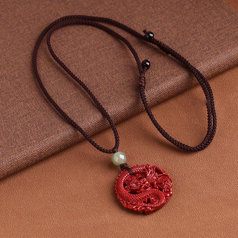 Fortune Jewel Year Of The Dragon Natural Cinnabar Hetian Jade Bead Copper Coin Attract Wealth Strength Necklace Pendant