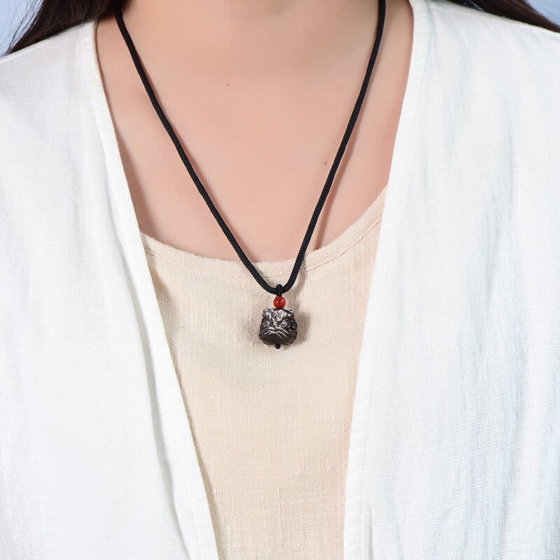 Fortune Jewel Natural Silver Sheen Obsidian Dancing Lion Protection Necklace Pendant