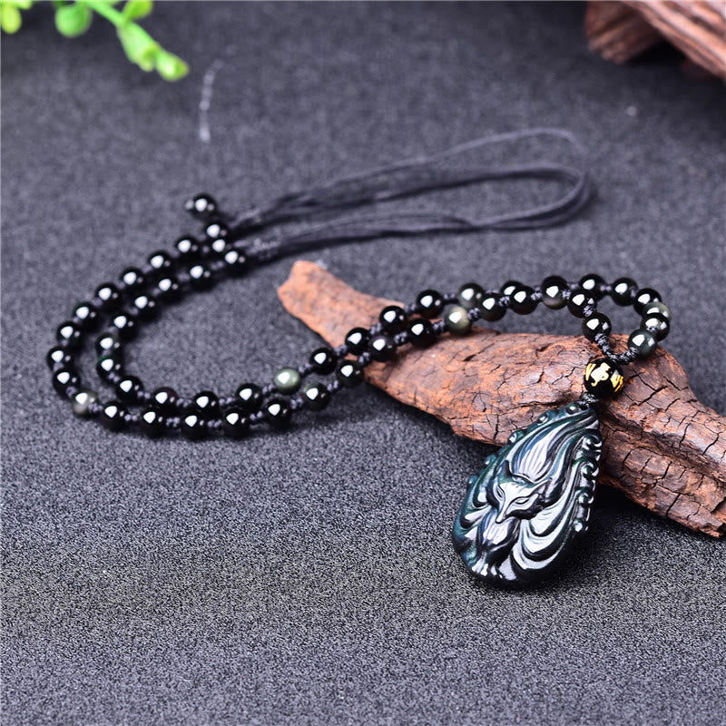 Fortune Jewel Natural Rainbow Obsidian Nine Tailed Fox Inner Peace Necklace Beaded String Pendant