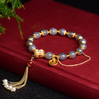 Fortune Jewel Natural Gray Agate Fu Character Pearl Tassel Balance Bracelet