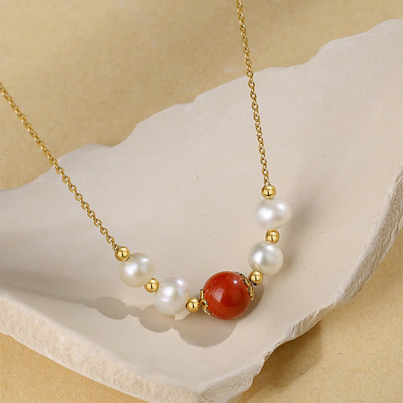 Fortune Jewel 925 Sterling Silver Pearl Cinnabar Sincerity Healing Bead Chain Necklace Pendant