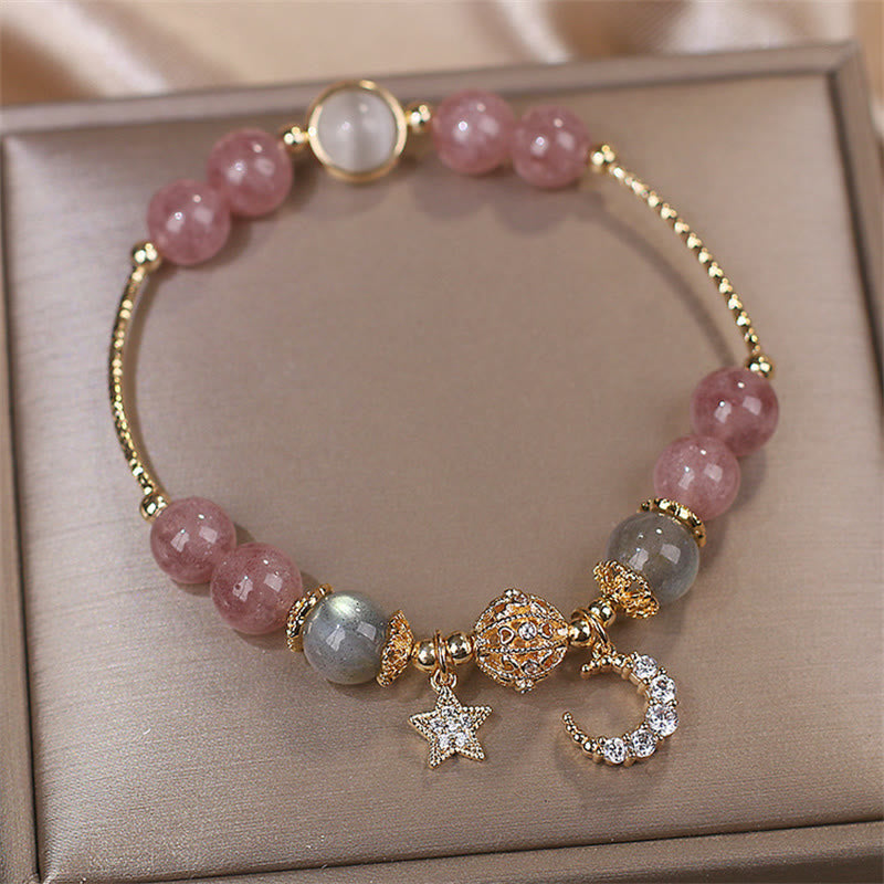 Fortune Jewel Strawberry Quartz Moonstone Moon Star Love Bracelet
