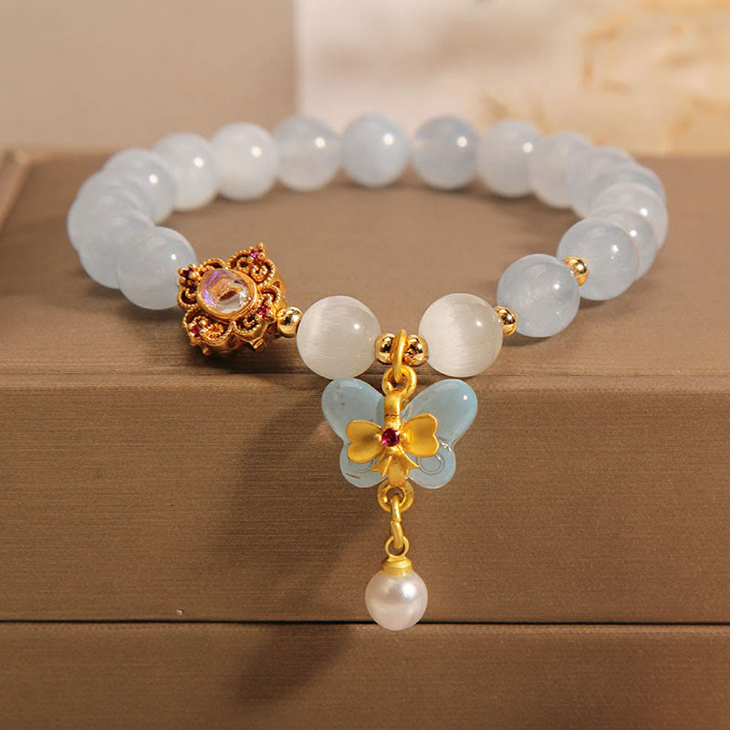 Fortune Jewel Aquamarine Cat's Eye Healing Butterfly Pearl Charm Bracelet