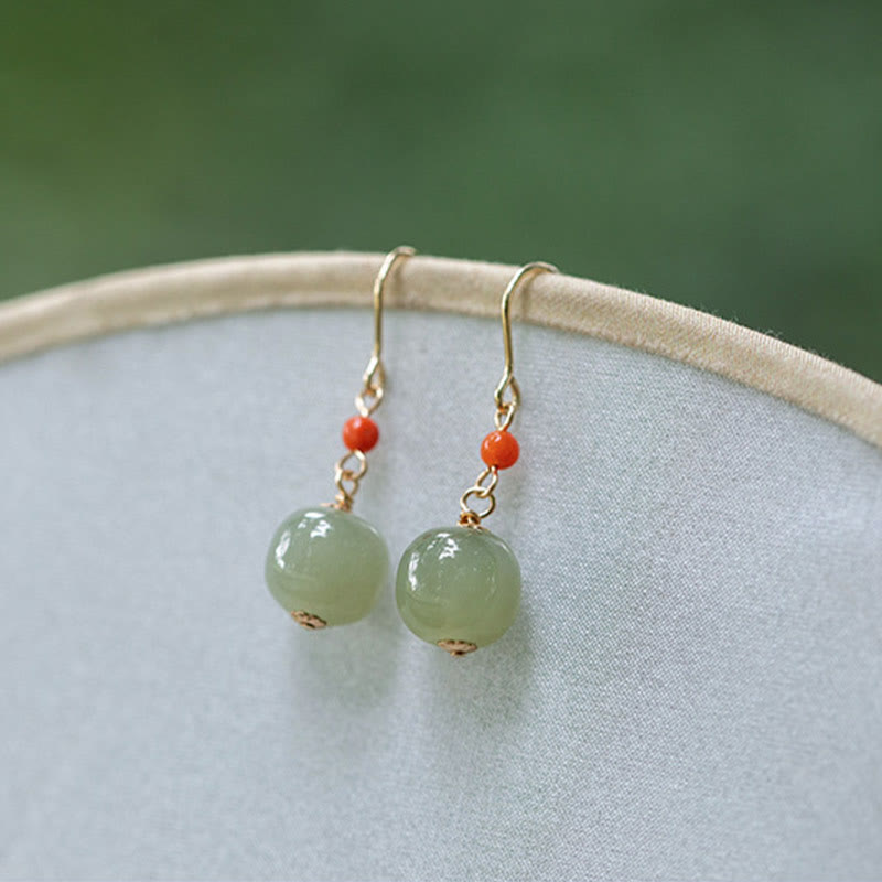 Fortune Jewel 925 Sterling Silver Plated 14k Gold Hetian Jade Red Agate Luck Drop Dangle Earrings