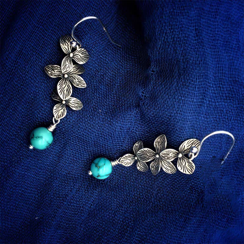 Fortune Jewel 925 Sterling Silver Turquoise Lazurite Flower Leaf Serenity Protection Hook Drop Dangle Earrings