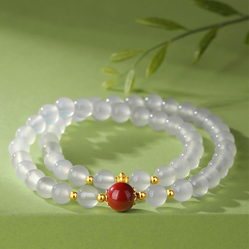 Fortune Jewel 925 Sterling Silver Natural White Agate Cinnabar Double Wrap Protection Bracelet