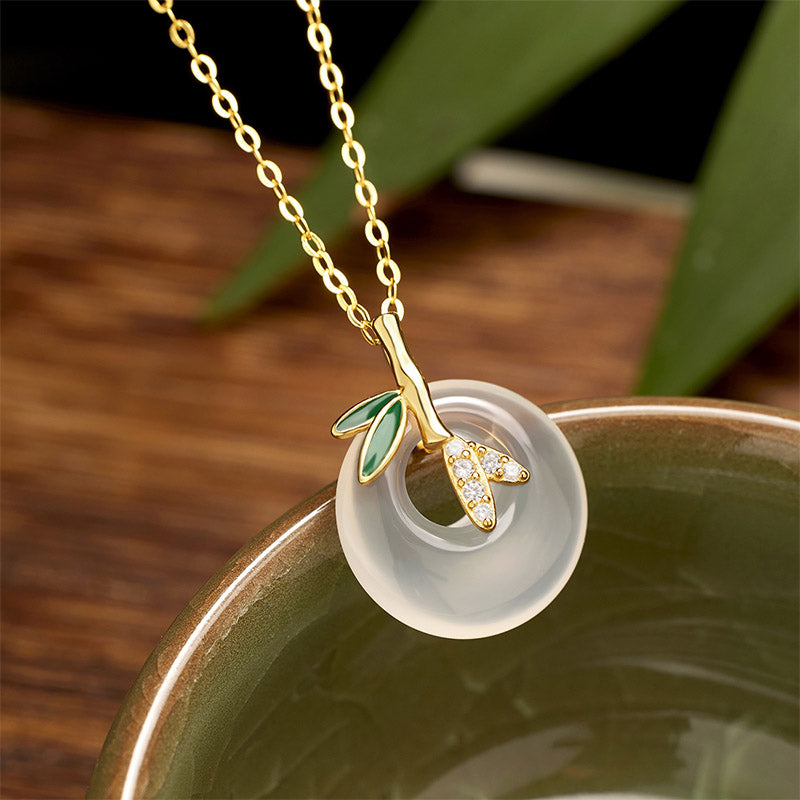 Fortune Jewel 925 Sterling Silver Natural Chalcedony Bamboo Leaf Peace Buckle Positive Necklace Pendant