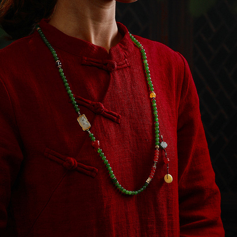 Fortune Jewel 108 Mala Beads Cyan Jade Red Agate Laughing Buddha Luck Bracelet Fortune Jewel