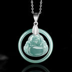 Fortune Jewel Natural Jade Round Laughing Buddha Abundance Titanium Steel Chain Necklace Pendant Fortune Jewel