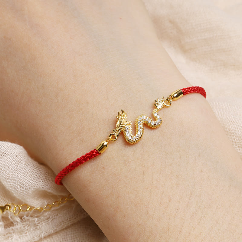 Fortune Jewel 925 Sterling Silver Year Of The Dragon Auspicious Golden Dragon Luck Red Rope Chain Bracelet