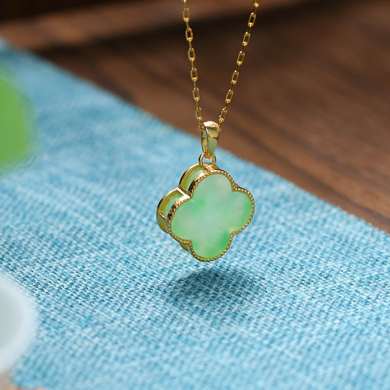 Fortune Jewel Four Leaf Clover Jade Pattern Luck Necklace Pendant