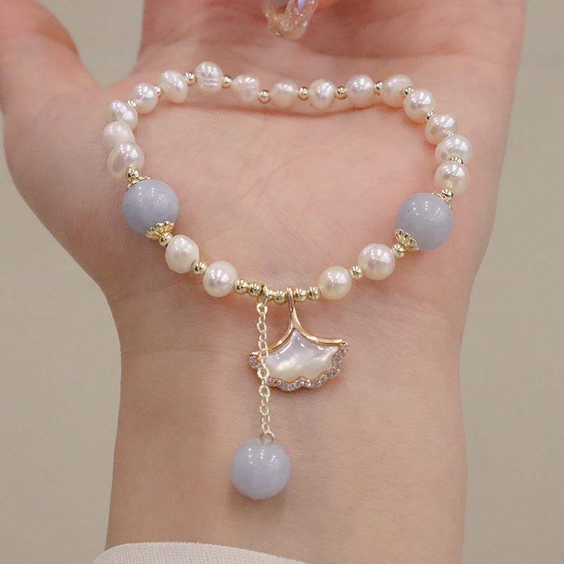 Fortune Jewel Natural Aquamarine Pearl Healing Ginkgo Leaf Butterfly Charm Bracelet