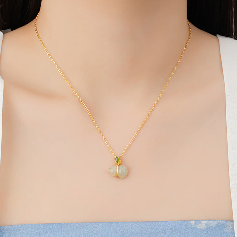 Fortune Jewel 925 Sterling Silver Hetian Jade Gourd Abundance Necklace Pendant