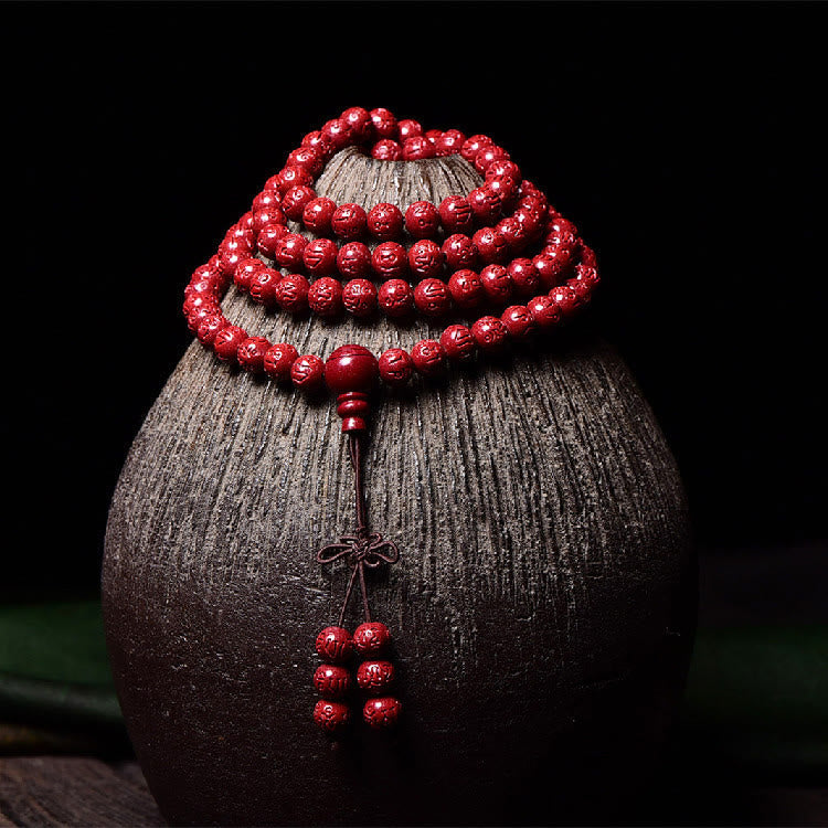 Fortune Jewel 108 Mala Beads Cinnabar Om Mani Padme Hum Pattern Engraved Blessing Bracelet