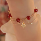Fortune Jewel 14k Gold Plated Red Agate Star Flower Charm Calm Bracelet