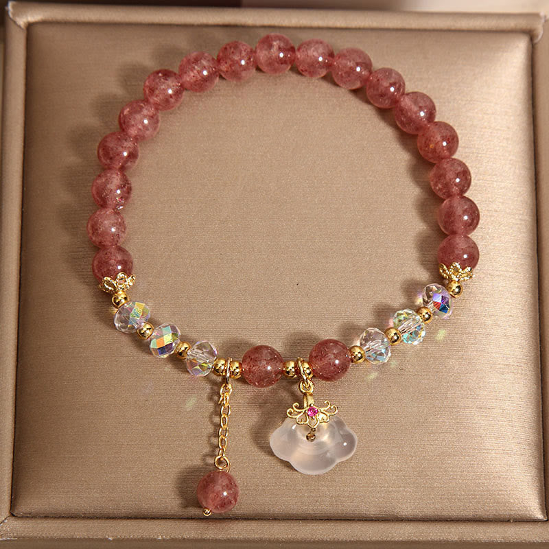 Fortune Jewel Natural Strawberry Quartz Crystal White Agate Auspicious Cloud Healing Bracelet