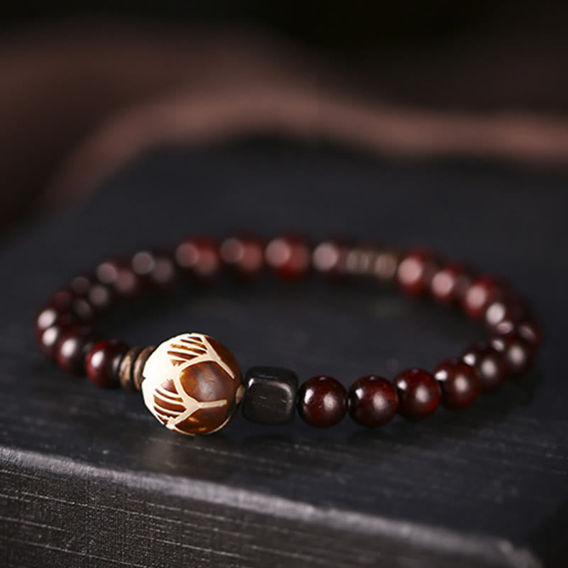 Fortune Jewel Small Leaf Red Sandalwood Lotus Bodhi Seed Carved Protection Double Wrap Bracelet
