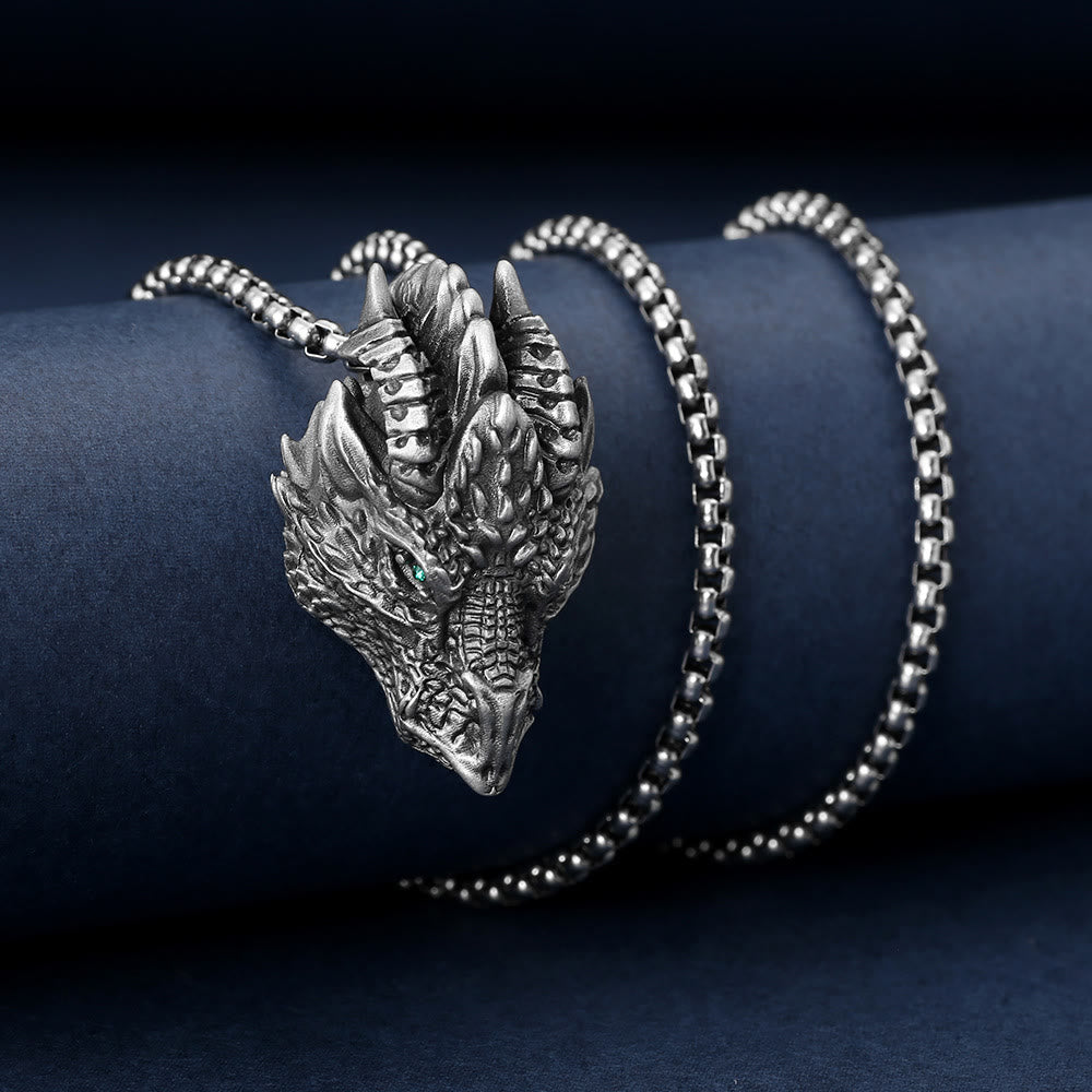 Fortune Jewel Pure Tin Dragon Head Luck Protection Metal Necklace Pendant