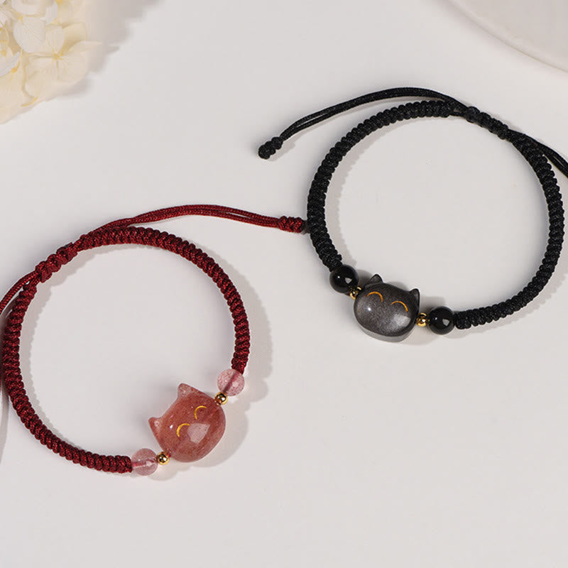 Fortune Jewel Handmade Natural Silver Sheen Obsidian Strawberry Quartz Cute Cat Protection Braided Bracelet