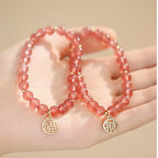 Fortune Jewel 14K Gold Plated Strawberry Quartz Fu Character Healing Charm Bracelet