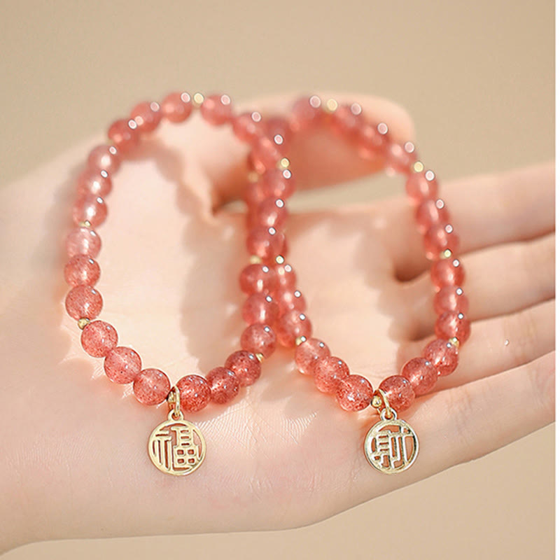 Fortune Jewel 14K Gold Plated Strawberry Quartz Fu Character Healing Charm Bracelet