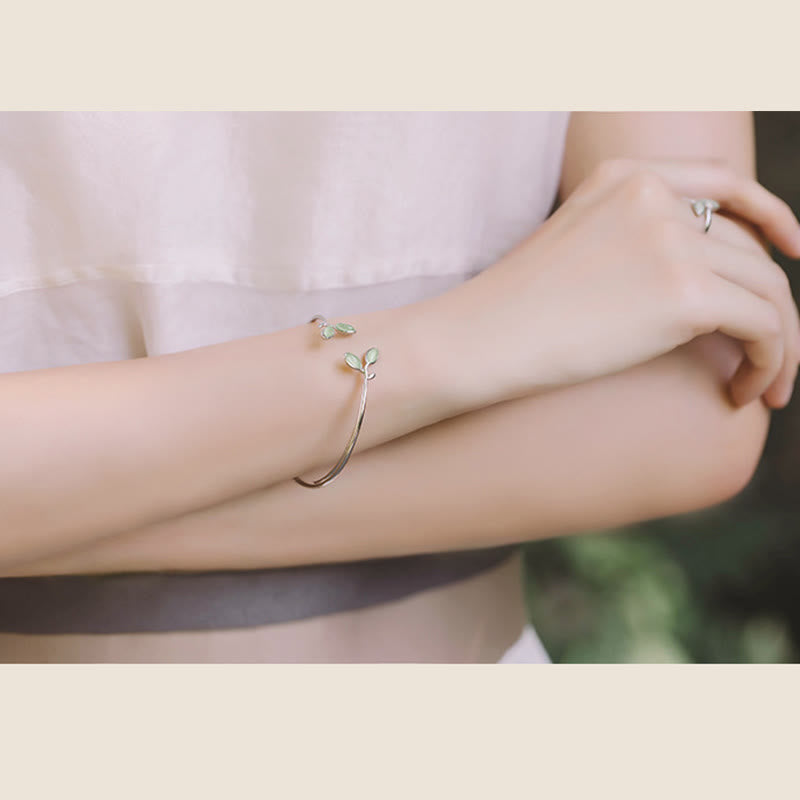 Fortune Jewel Leaf Pattern Cat Eye Support Cuff Bracelet Bangle