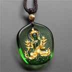 Fortune Jewel Tibetan Green Tara Buddha Gold Plated Liuli Crystal Protection Necklace Pendant Fortune Jewel