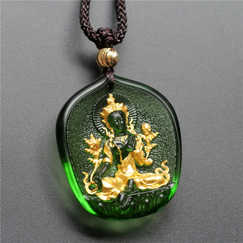 Fortune Jewel Tibetan Green Tara Buddha Gold Plated Liuli Crystal Protection Necklace Pendant Fortune Jewel