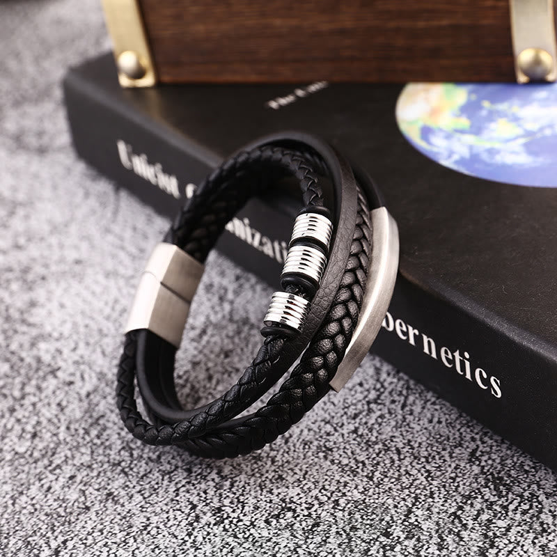Fortune Jewel Leather Multi-Layer Titanium Steel Balance Braided Magnetic Buckle Bracelet