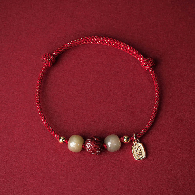 Fortune Jewel 14K Gold Plated Hetian Jade Cinnabar Lotus Luck Handcrafted Rope Bracelet