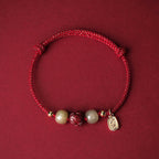 Fortune Jewel 14K Gold Plated Hetian Jade Cinnabar Lotus Luck Handcrafted Rope Bracelet