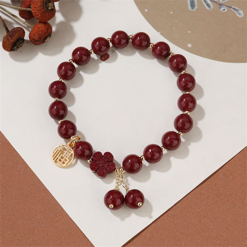 Fortune Jewel Cinnabar Fu Character Cherry Blossom Blessing Bracelet