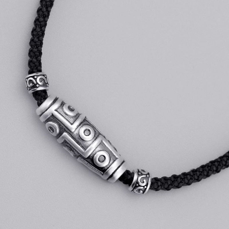 Fortune Jewel 999 Sterling Silver Nine-Eye Dzi Bead Pattern Protection Rope Necklace Pendant