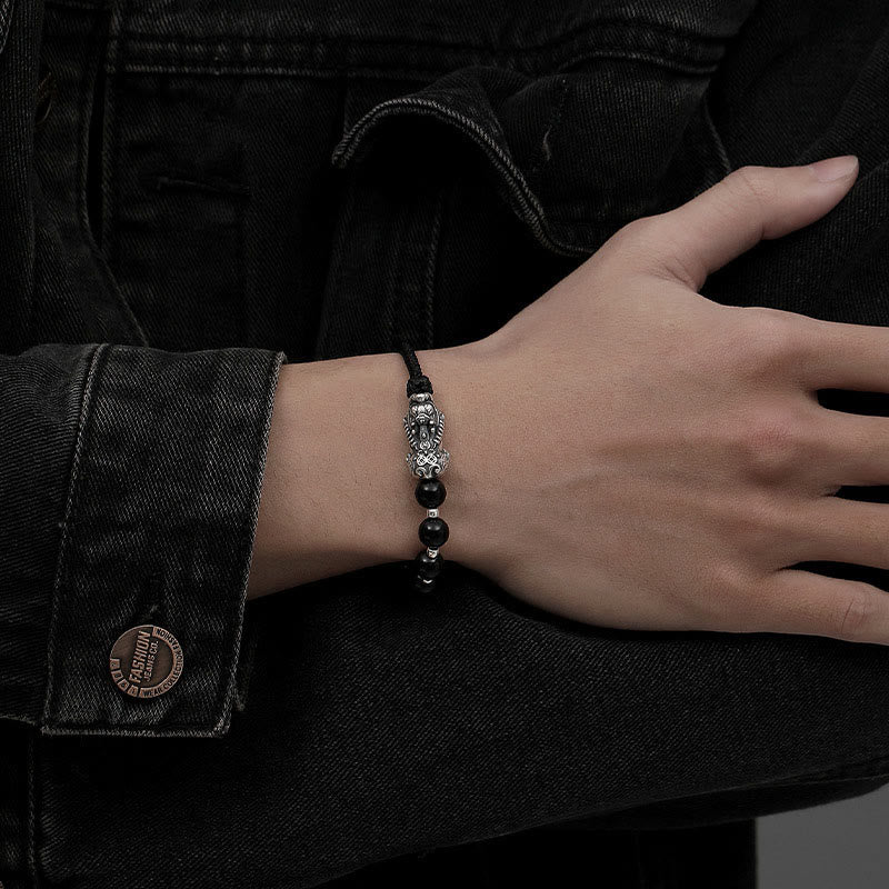 Fortune Jewel 999 Sterling Silver FengShui PiXiu Natural Black Obsidian 925 Sterling Silver Bead Strength Bracelet