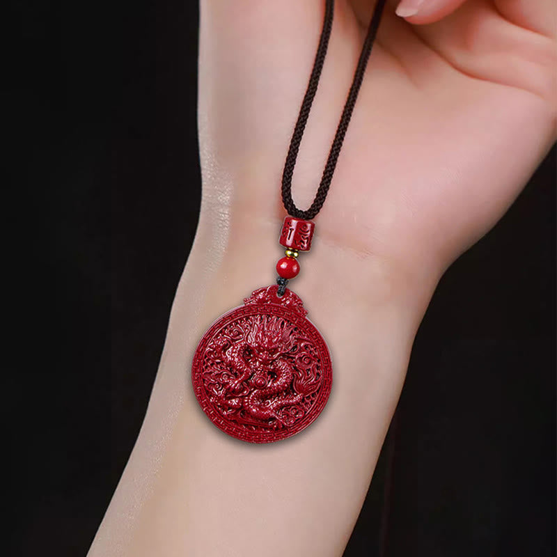 Fortune Jewel Year of the Dragon Natural Cinnabar Dragon Protection Necklace Pendant
