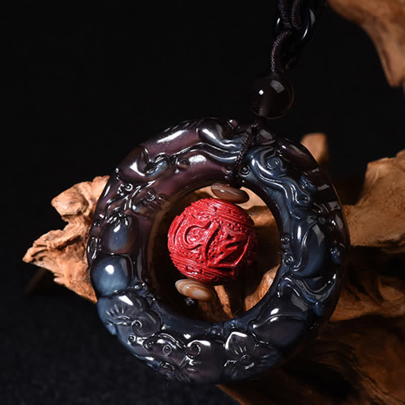 Fortune Jewel FengShui Natural Rainbow Obsidian PiXiu Cinnabar Healing Necklace Pendant