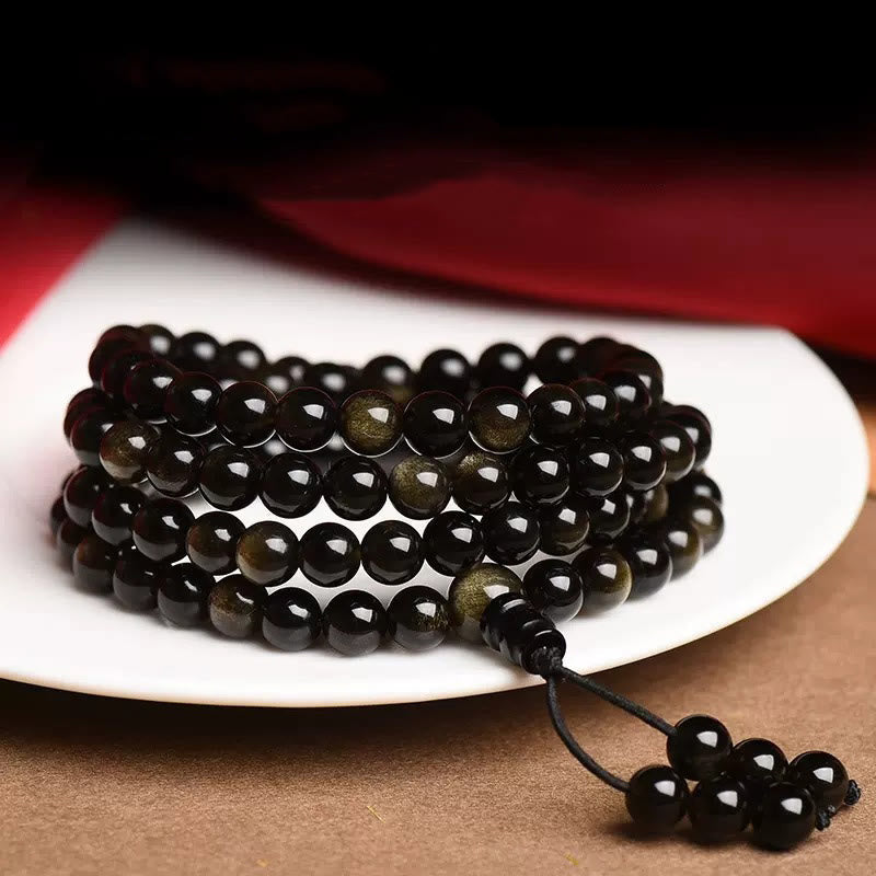 Fortune Jewel 108 Mala Beads Natural Gold Sheen Obsidian Wealth Bracelet
