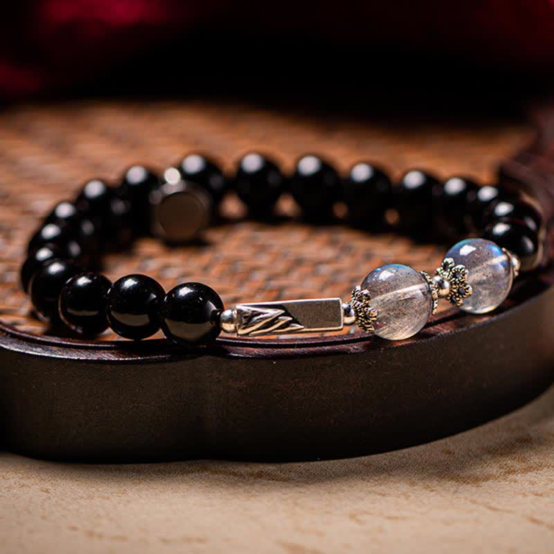 Fortune Jewel 925 Sterling Silver Obsidian Moonstone Strength Couple Bracelet