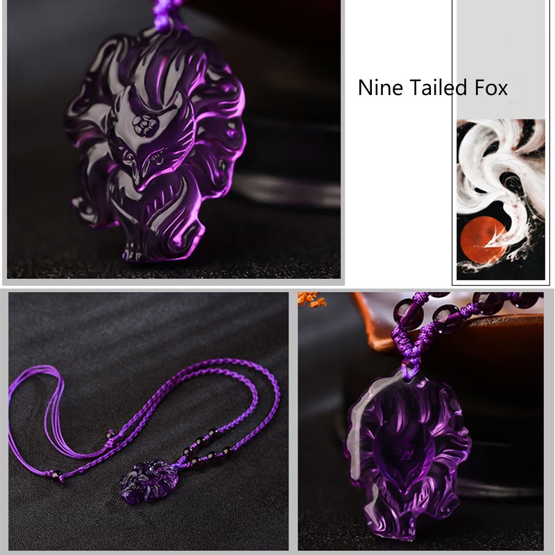 Fortune Jewel Natural Amethyst White Crystal Citrine Nine Tailed Fox Luck Necklace Pendant