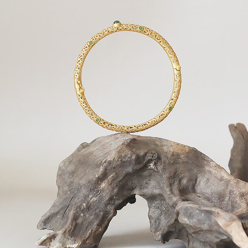 Fortune Jewel Cyan Jade Copper Auspicious Clouds Calm Healing Bracelet Bangle
