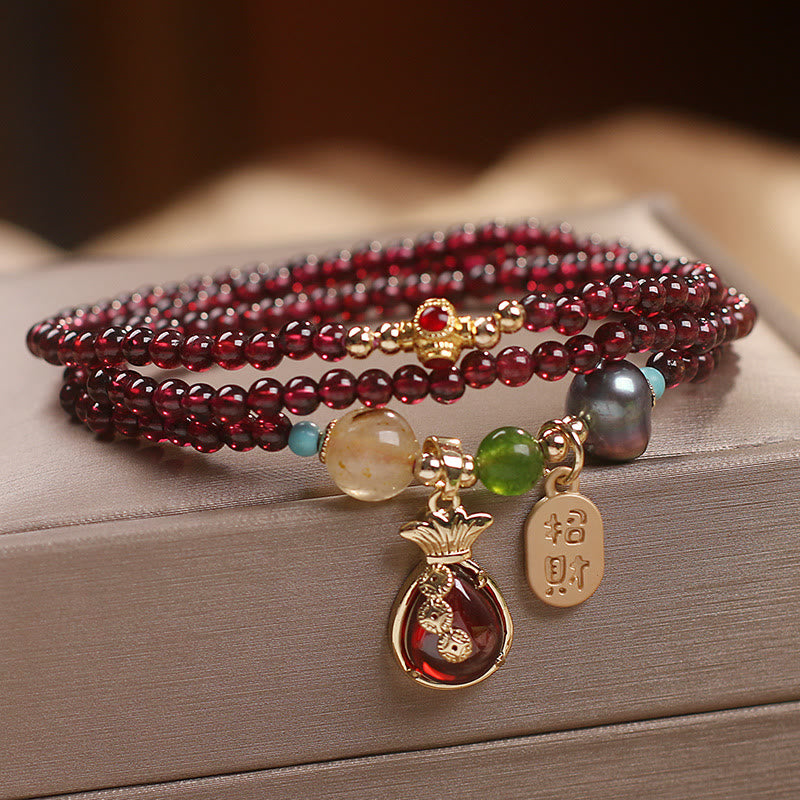 Fortune Jewel Multi Layered Natural Garnet Jade Coin Money Bag Attracting Wealth Protection Bracelet