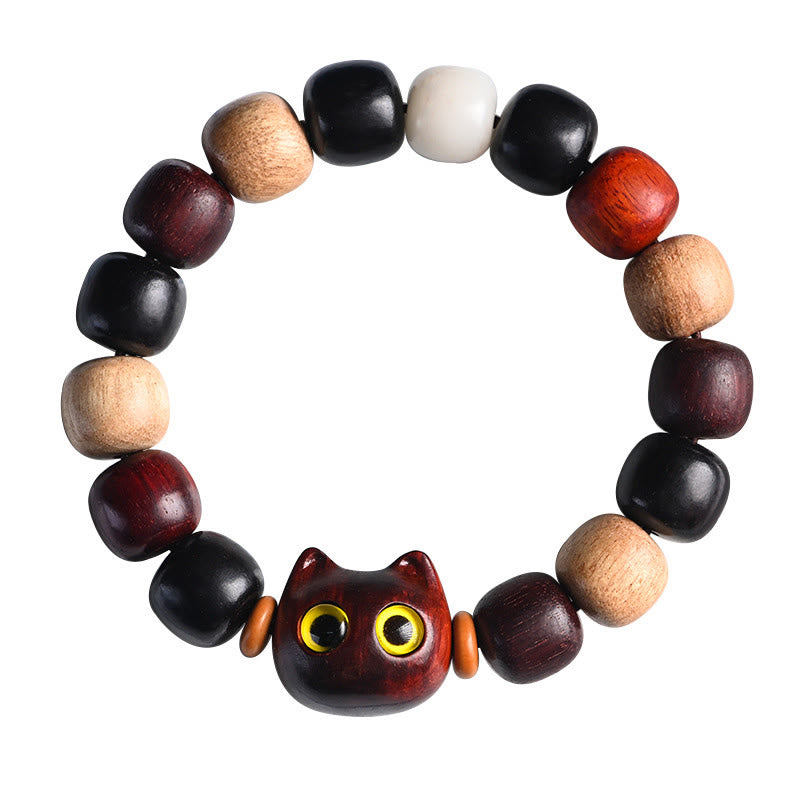 Fortune Jewel Small Leaf Red Sandalwood Ebony Wood Cute Cat Engraved Protection Bracelet