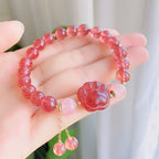 Fortune Jewel Natural Strawberry Quartz Pink Crystal Lucky Cat Paw Love Bracelet